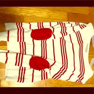 White Sweater with red stripes and elbow patches